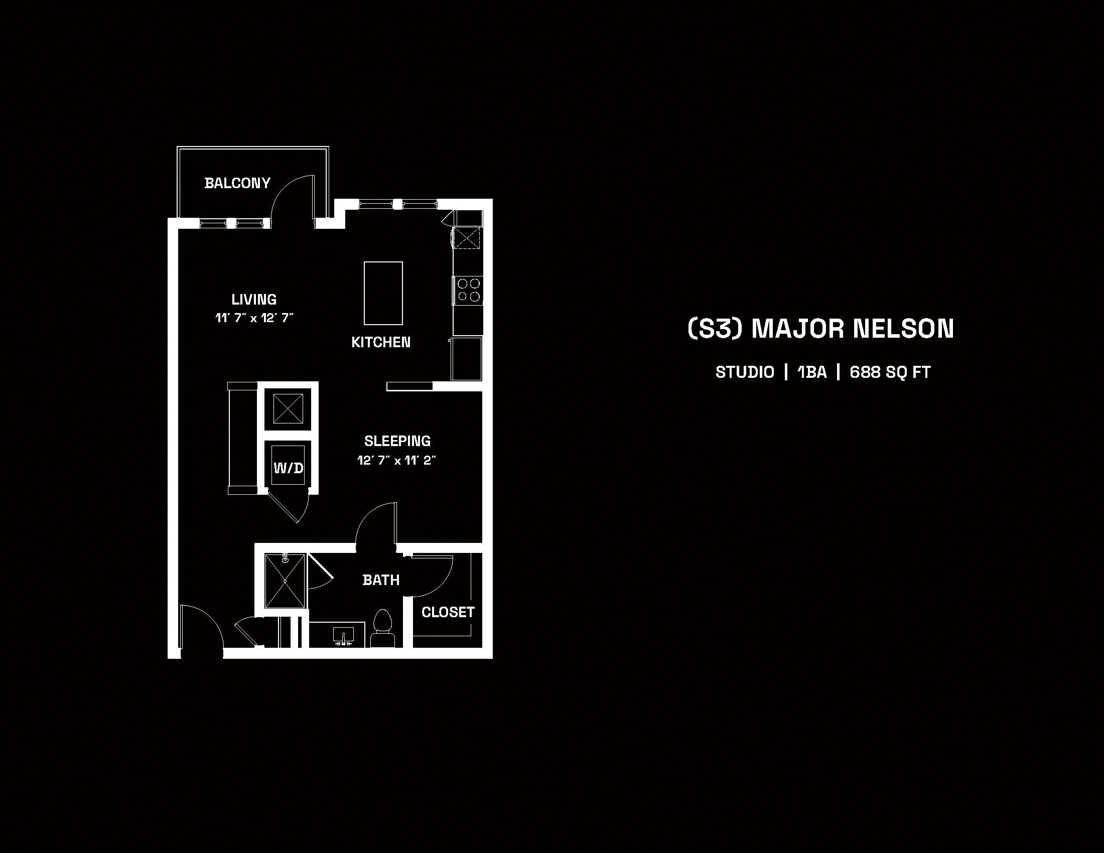 Floor plan for studio, 1 bath, 688 sqft